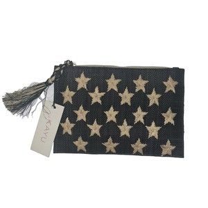 Kayu Star grey straw printed zip closure clutch bag with tassel